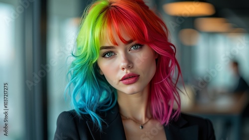 Confident Businesswoman With Vibrant Hair in Modern Office