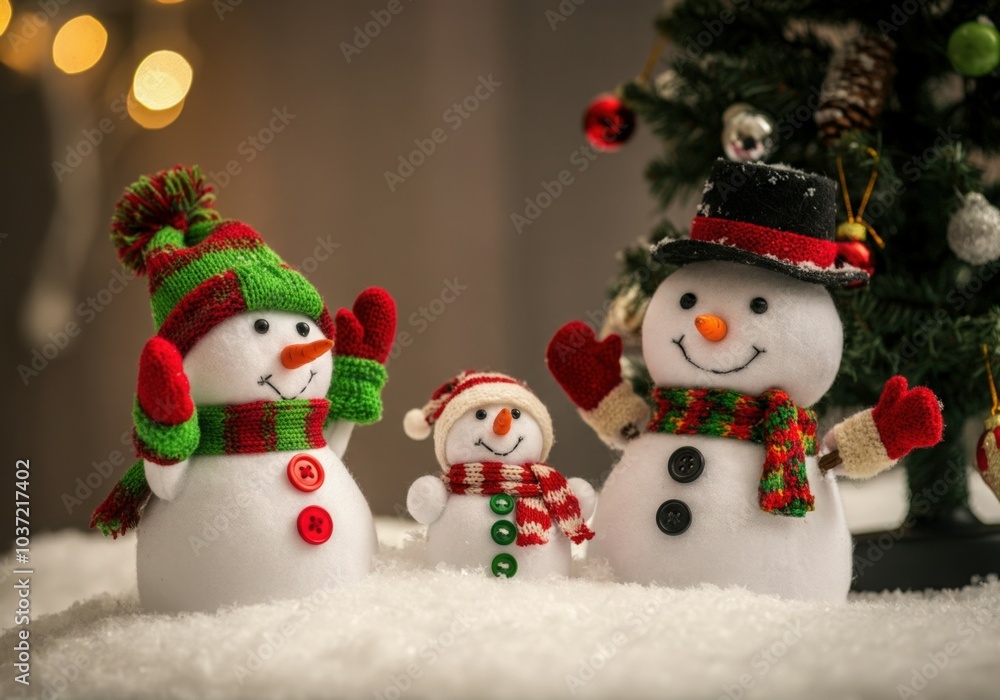 Happy snowman family is posing in the snow in front of a decorated christmas tree and blurred lights Happy snowman family is posing in the snow in front of a decorated christmas tree and blurred lights