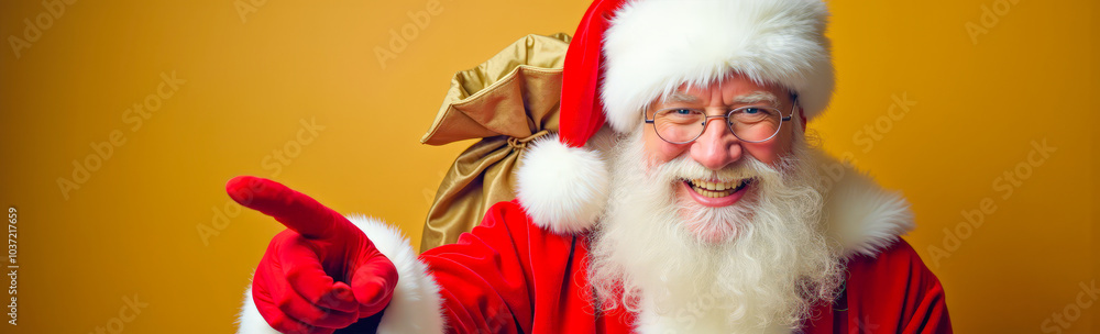 Santa Claus on a gold background with a copy space pointing his index finger forward Santa Claus on a gold background with a copy space pointing his index finger forward