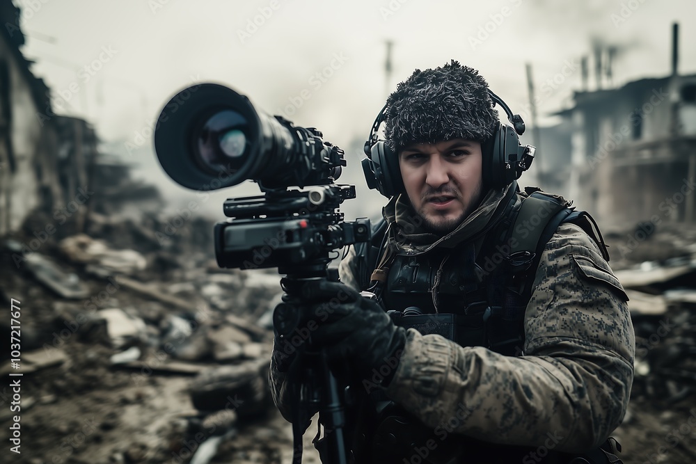 Fototapeta premium A war correspondent films the aftermath of a conflict in a destroyed city.