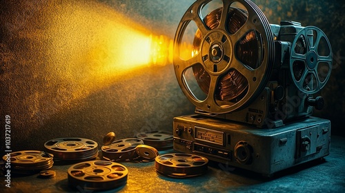 Vintage Film Projector with Reels Casting Nostalgic Light on a Wall