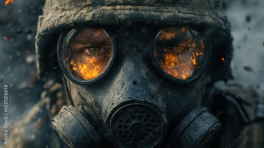 soldiers face is seen through gas mask, with intense flames reflected in lenses, creating dramatic and powerful image. atmosphere is filled with smoke and debris, evoking sense of danger and urgency soldiers face is seen through gas mask, with intense flames reflected in lenses, creating dramatic and powerful image. atmosphere is filled with smoke and debris, evoking sense of danger and urgency