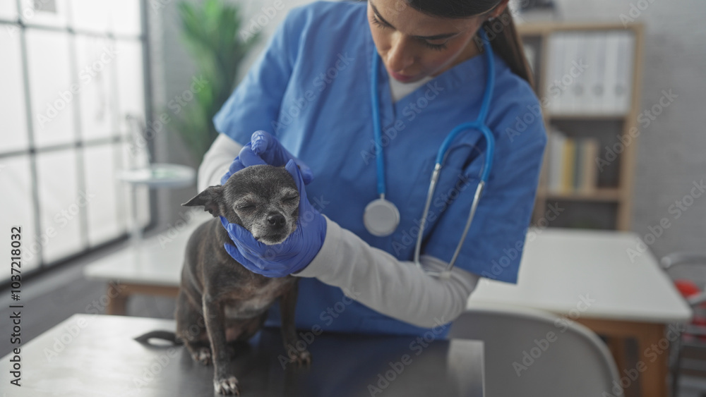 Hispanic woman veterinarian examining a senior chihuahua indoors at a clinic Hispanic woman veterinarian examining a senior chihuahua indoors at a clinic