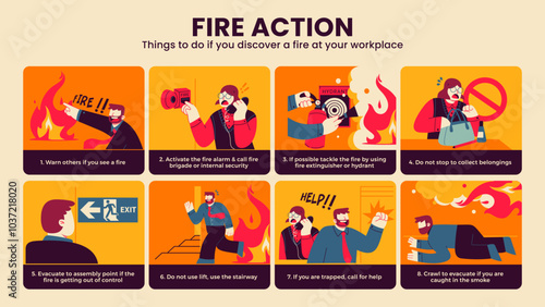 Infographic of fire action at workplace. Businesspeople discover accident and fire disaster in office, emergency situation. Workers with briefcase go to exit from flame. Cartoon flat illustration