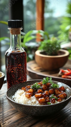 Shrimp served with rice and sauce. photo