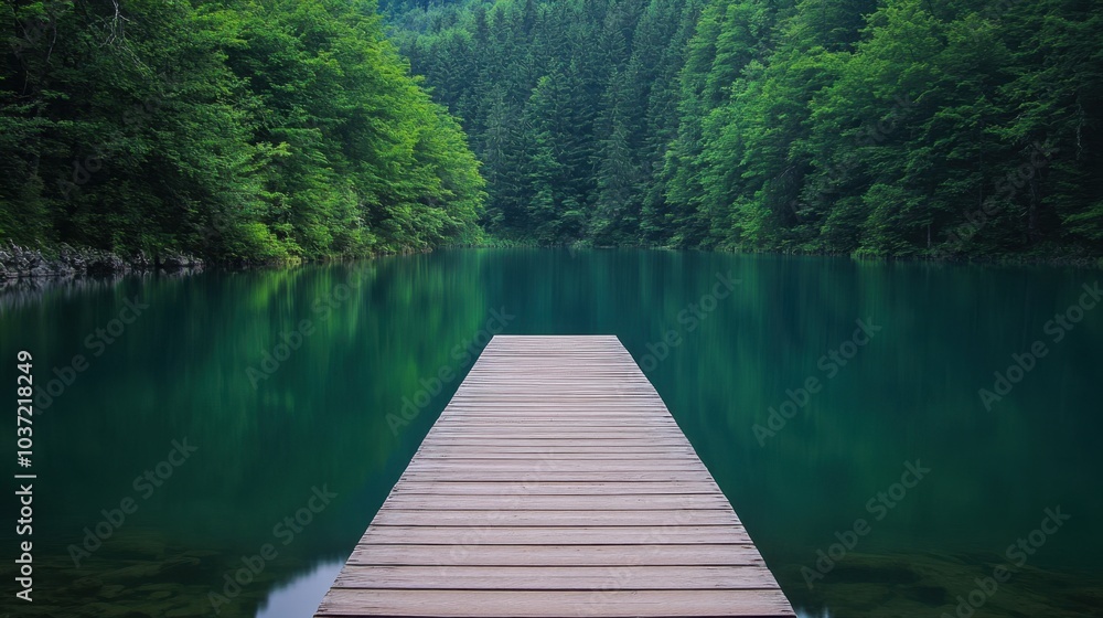 Serene lake scene with a cozy wooden dock leading to a calm, reflective body of water, surrounded by lush forest greenery. Serene lake scene with a cozy wooden dock leading to a calm, reflective body of water, surrounded by lush forest greenery.