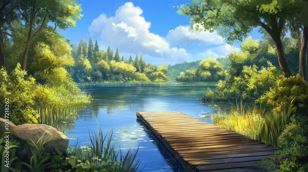 Serene lake scene with a cozy wooden dock leading to a calm, reflective body of water, surrounded by lush forest greenery. Serene lake scene with a cozy wooden dock leading to a calm, reflective body of water, surrounded by lush forest greenery.