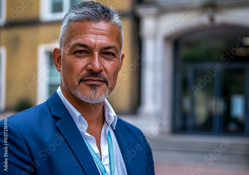 Exotic middle-aged man with grey hair and a goatee, wearing a blue suit and standing in front of a school entrance. photo