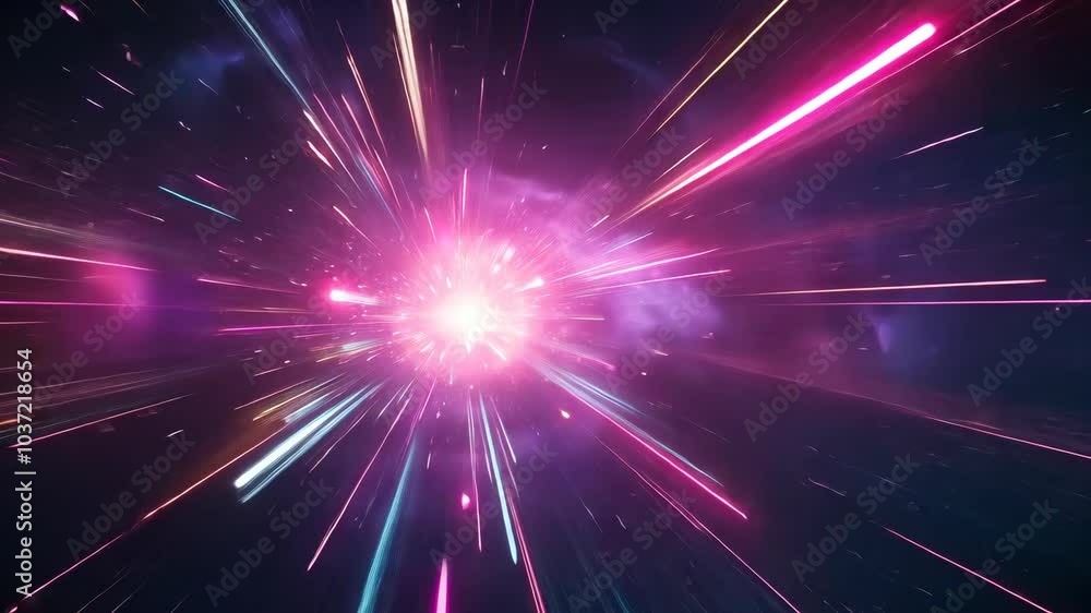 A bright pink and blue light streaks through the cosmos A bright pink and blue light streaks through the cosmos