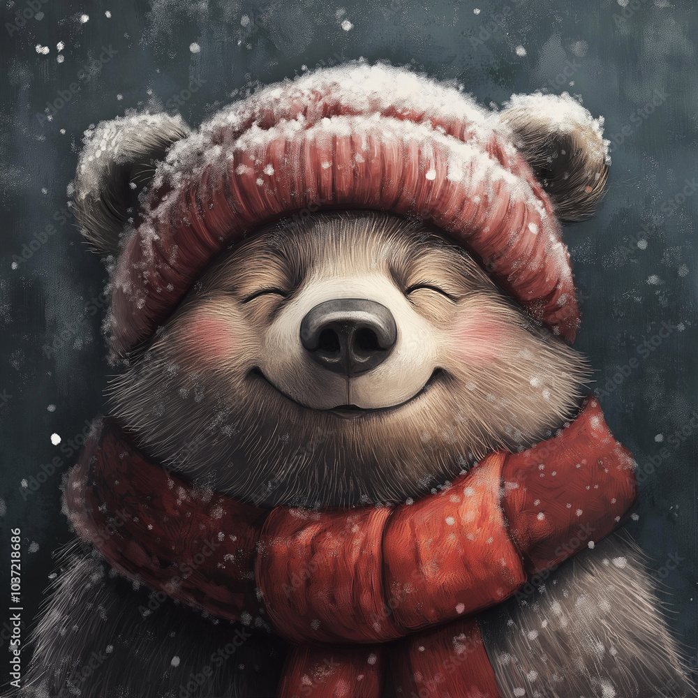 Naklejka premium Smiling bear in a winter hat and scarf with snow