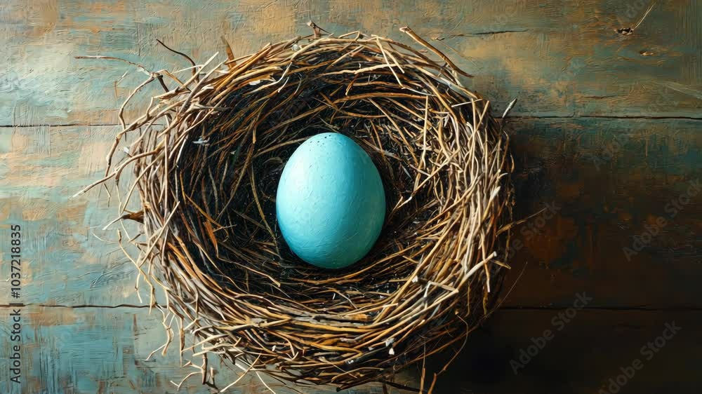 A blue egg rests in a woven nest on a wooden surface A blue egg rests in a woven nest on a wooden surface