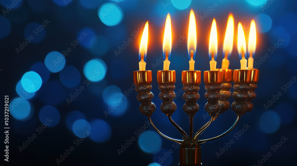 Fototapeta premium Hanukkah background in low light emphasizing the warmth of candles and holiday symbols