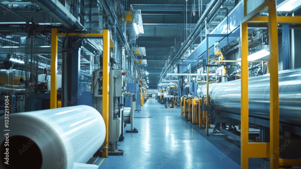 Modern industrial factory interior with advanced machinery and conveyor ...