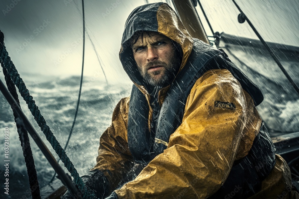 Obraz premium Fisherman braves a storm on the open ocean while holding on to ropes on his sailboat