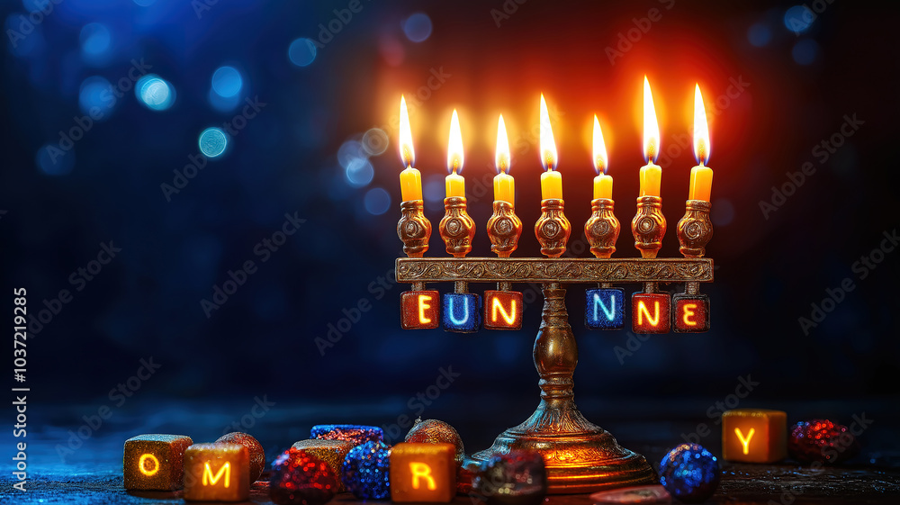 Hanukkah theme background with a traditional menorah and dreidel marked with Gimel and Nun letters Hanukkah theme background with a traditional menorah and dreidel marked with Gimel and Nun letters