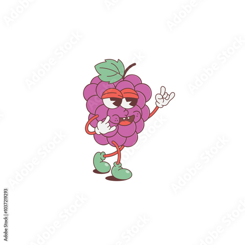Groovy grape fruit character. A cheerful cluster of ripe grapes wearing retro sneakers and gloves, dancing with a smile and playful pointing gesture. Quirky vibes in this isolated vector illustration