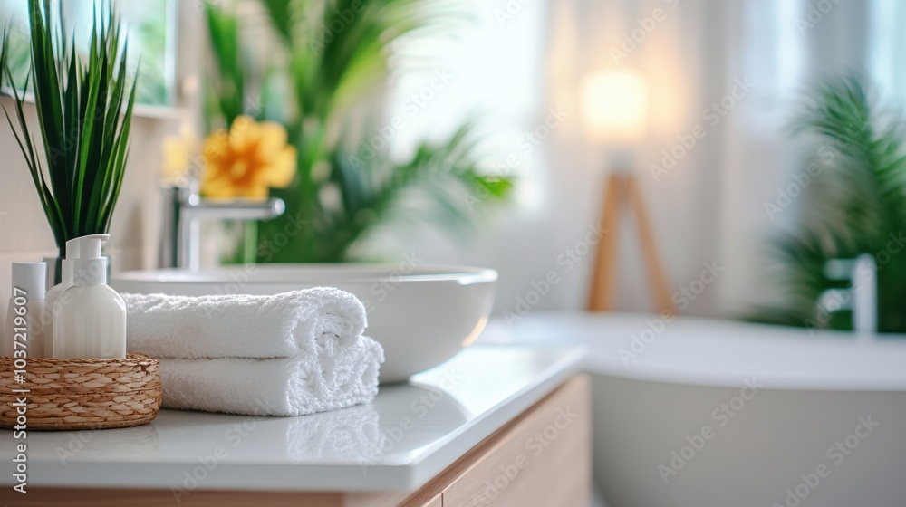 Spacious bathroom with a clean, empty vanity counter and a blurred bathtub in the background, offering a fresh space for product visuals. Spacious bathroom with a clean, empty vanity counter and a blurred bathtub in the background, offering a fresh space for product visuals.