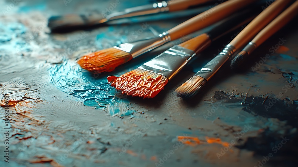 Obraz premium Paintbrushes on a Palette with Orange and Blue Paint