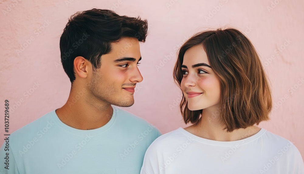 A young couple gazing at each other, conveying affection and connection. A young couple gazing at each other, conveying affection and connection.
