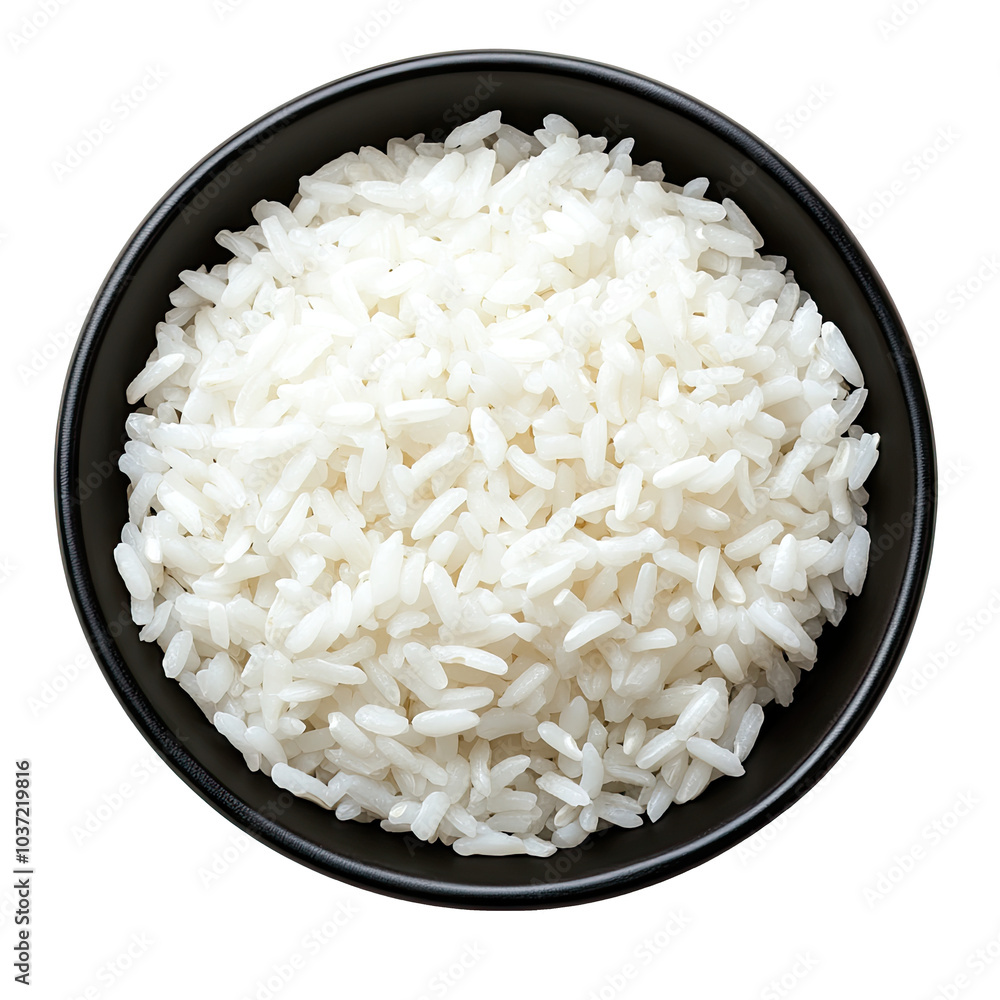 top side view of white rice in a black bowl, isolated on a transparent background. top side view of white rice in a black bowl, isolated on a transparent background.