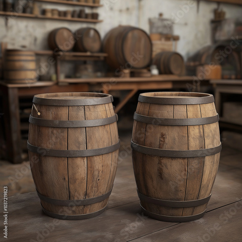  wooden barrels in a rustic workshop