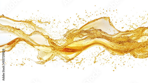 Dynamic gold liquid splash with bubbles in motion on white background