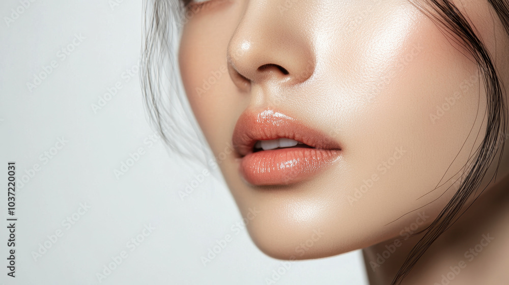 close up of womans face showcasing smooth skin, soft lips, and natural glow. image captures beauty and elegance with minimalist background close up of womans face showcasing smooth skin, soft lips, and natural glow. image captures beauty and elegance with minimalist background