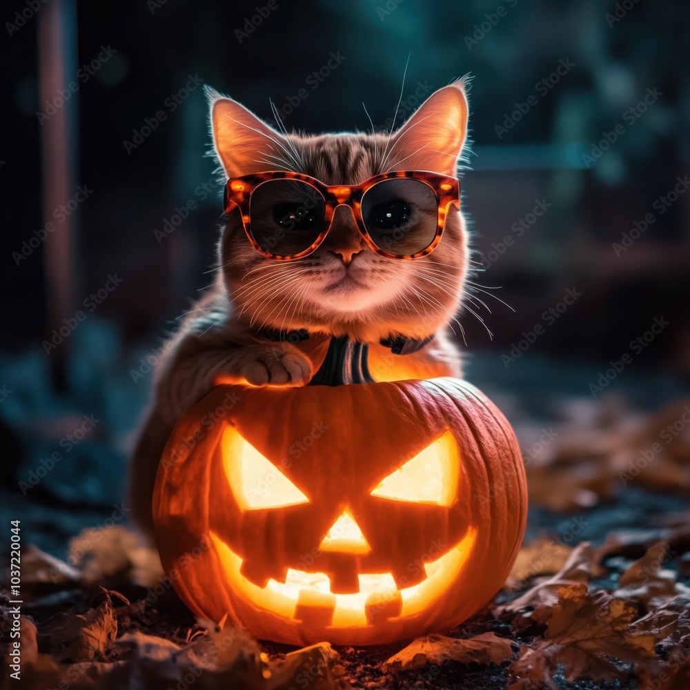 Naklejka premium halloween cat with a pumpkin