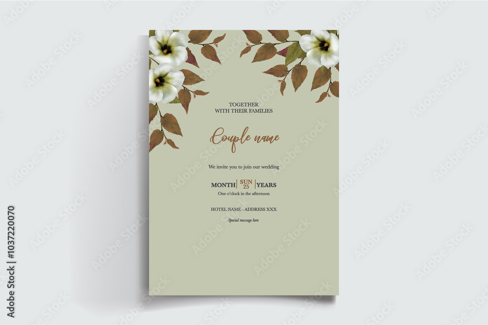 WEDDING INVITATION FRAME WITH FLOWER DECORATIONS AND FRESH LEAVES WEDDING INVITATION FRAME WITH FLOWER DECORATIONS AND FRESH LEAVES