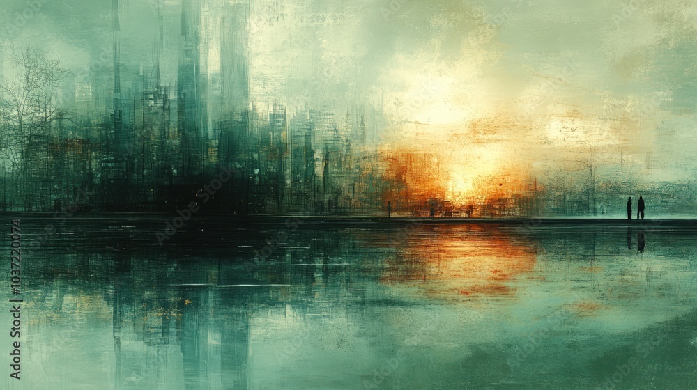 Silhouettes of people stand on a lake shore looking at a city with a sunset over it. Silhouettes of people stand on a lake shore looking at a city with a sunset over it.