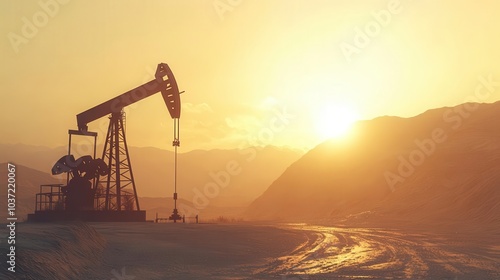 A magnificent crude oil derrick and production facilities with the sun setting behind it