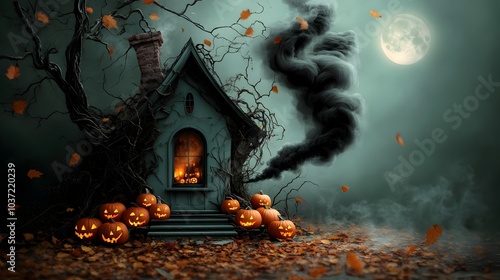 Autumn leaves swirling around a witch s enchanting cottage on a chilly Halloween eve with intricate details of gnarled trees overgrown vines pumpkins and carved jack o  lanterns decorating the porch photo