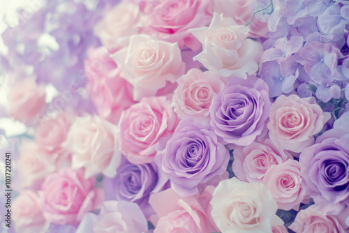 Pastel pink and lavender roses and hydrangeas in full bloom close-up floral arrangement