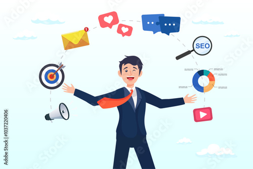 Marketing manager, online advertising, social media content or promotion campaign, customer or consumer target audience, branding communication concept, businessman holding viral marketing elements
