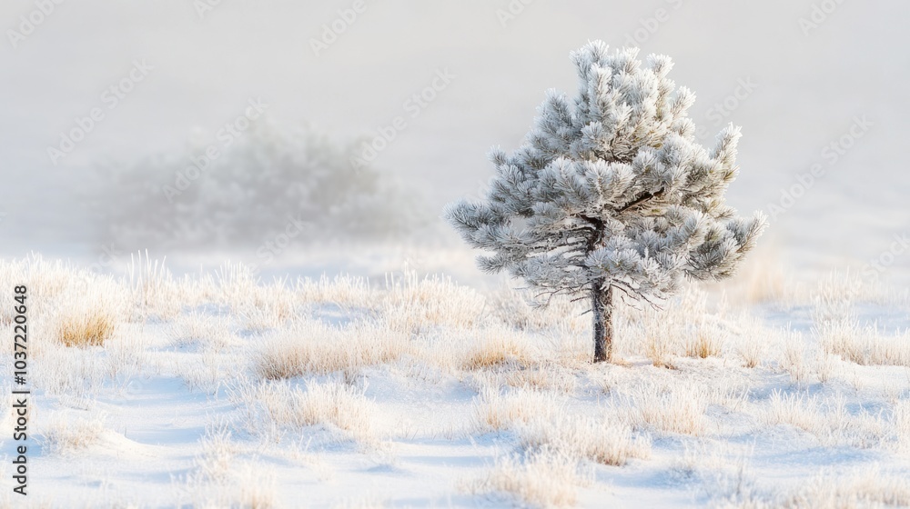 A solitary tree covered in frost amidst a snowy landscape, evoking tranquility and winter beauty. A solitary tree covered in frost amidst a snowy landscape, evoking tranquility and winter beauty.
