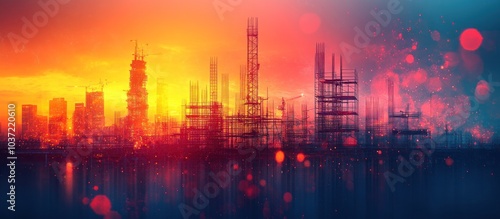 A vibrant city skyline at sunset, featuring construction silhouettes and colorful bokeh effects.