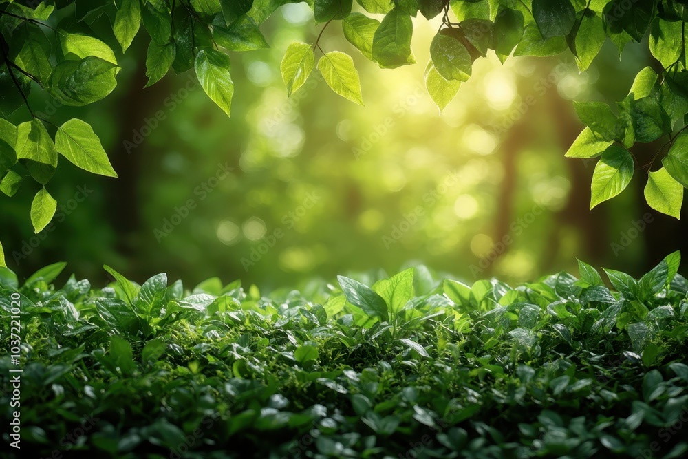Vibrant green leaves and plants illuminated by sunlight in a peaceful forest setting Vibrant green leaves and plants illuminated by sunlight in a peaceful forest setting