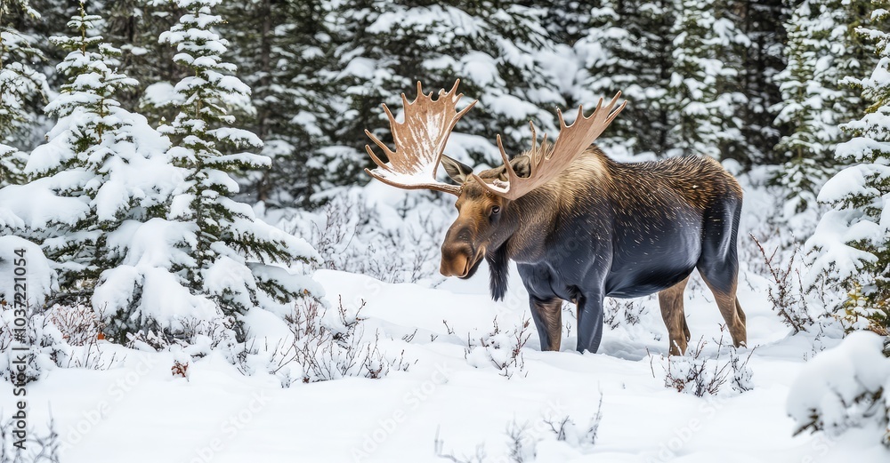 Bull Moose Searching for Food in Winter Forest, Jasper National Park. AI generated illustration Bull Moose Searching for Food in Winter Forest, Jasper National Park. AI generated illustration
