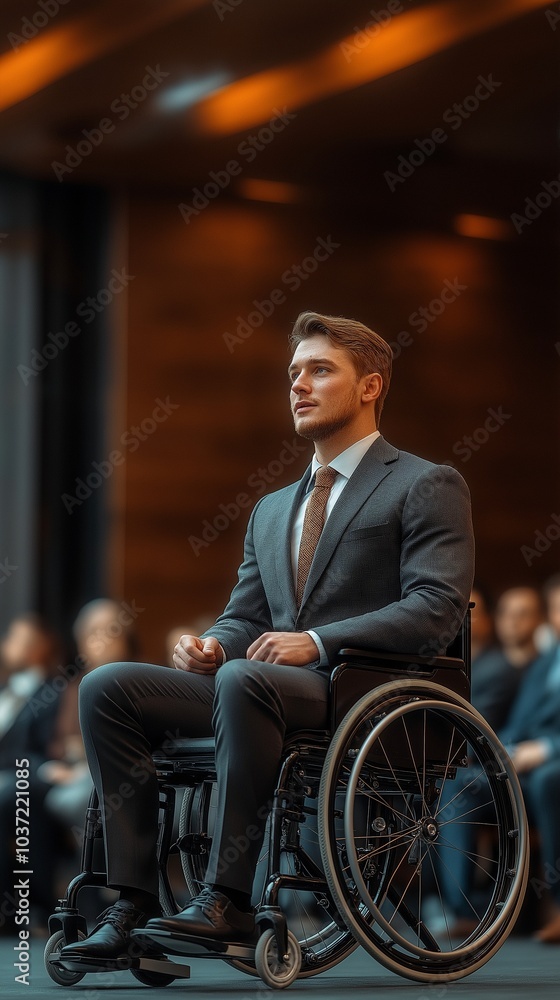 A young, wheelchair-bound businessman is lecturing. notion of assistance and inclusion for those with impairments. A young, wheelchair-bound businessman is lecturing. notion of assistance and inclusion for those with impairments.