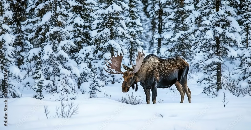 Bull Moose Searching for Food in Winter Forest, Jasper National Park. AI generated illustration Bull Moose Searching for Food in Winter Forest, Jasper National Park. AI generated illustration