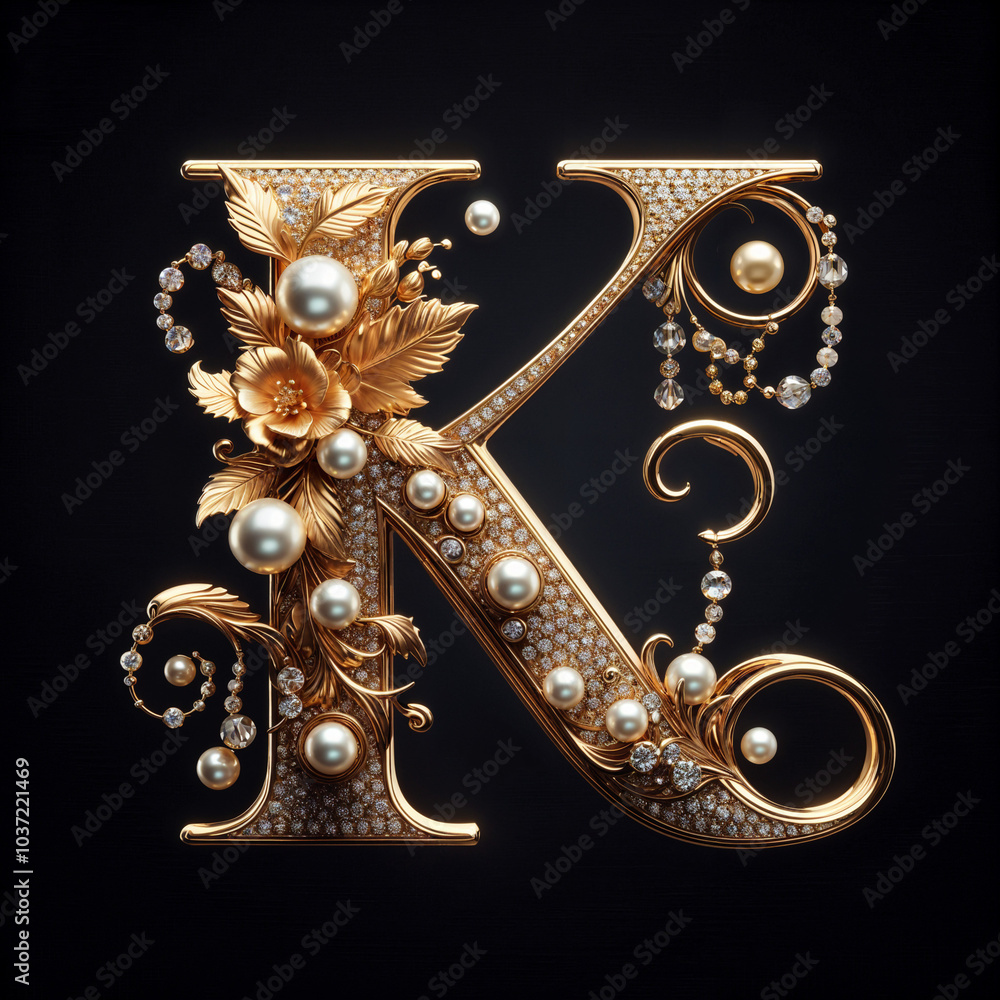 K. The letter of the Latin alphabet in the form of a luxurious openwork jewelry made of gold, decorated with precious stones, diamonds and pearls. On a black background. K. The letter of the Latin alphabet in the form of a luxurious openwork jewelry made of gold, decorated with precious stones, diamonds and pearls. On a black background.