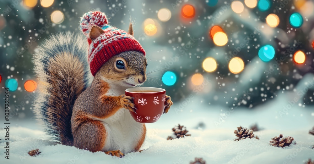 Cute Squirrel with Cocoa in Winter Forest. AI generated illustration. Cute Squirrel with Cocoa in Winter Forest. AI generated illustration.