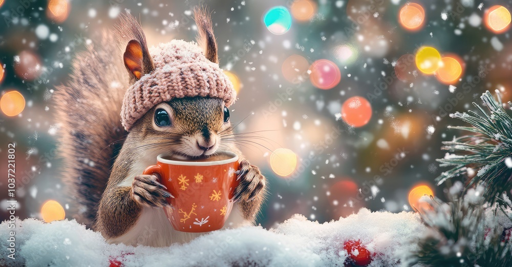 Cute Squirrel with Cocoa in Winter Forest. AI generated illustration. Cute Squirrel with Cocoa in Winter Forest. AI generated illustration.