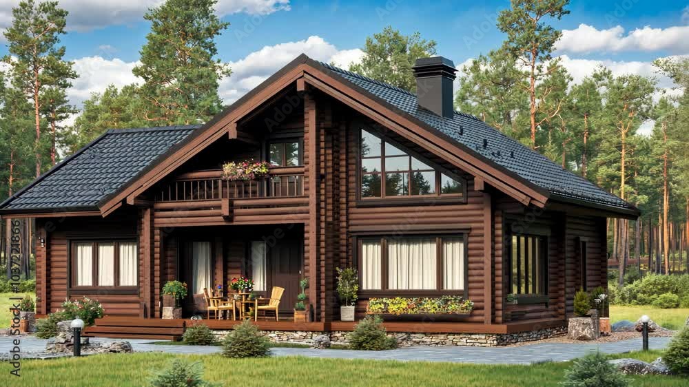 A modern log cabin with a large, sloped roof stands in a grassy clearing surrounded by tall pine trees A modern log cabin with a large, sloped roof stands in a grassy clearing surrounded by tall pine trees
