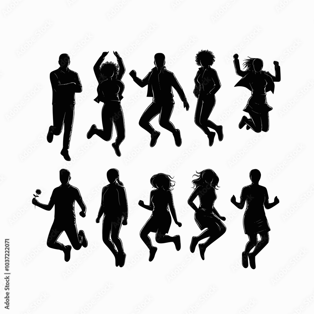 Silhouettes of young people jumping in fashionable clothes. Vector silhouettes man and women, illustration. JPEG version. Silhouettes of young people jumping in fashionable clothes. Vector silhouettes man and women, illustration. JPEG version.