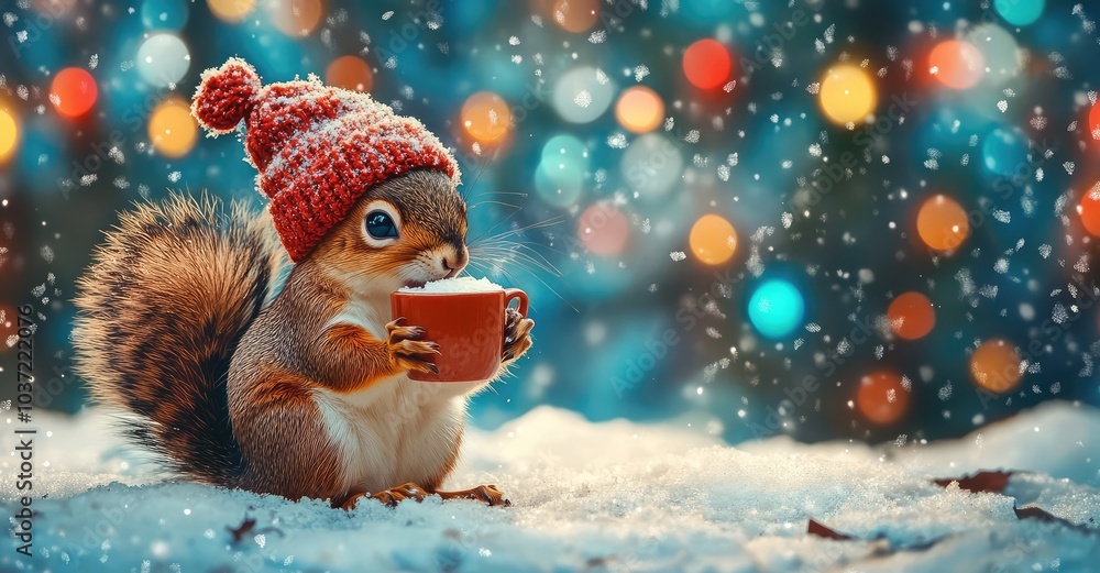 Cute Squirrel with Cocoa in Winter Forest. AI generated illustration. Cute Squirrel with Cocoa in Winter Forest. AI generated illustration.