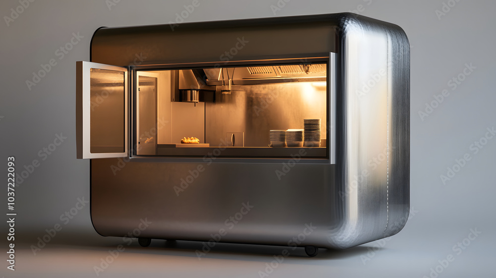 Obraz premium modern portable street food cart designed as sleek metal box, featuring open window showcasing well lit kitchen area. This innovative design is perfect for food vendors looking to attract customers