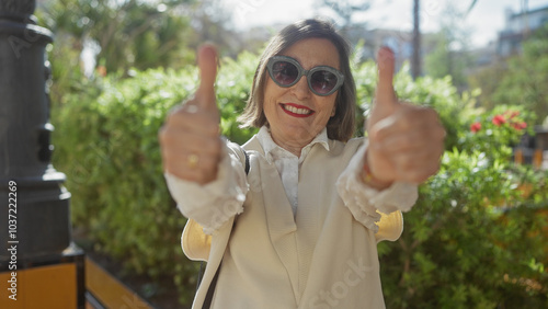 Happy middle-aged woman giving thumbs up outdoors in a sunny urban park photo