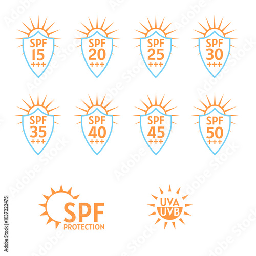 Spf Sun Protection Factor vector icon set