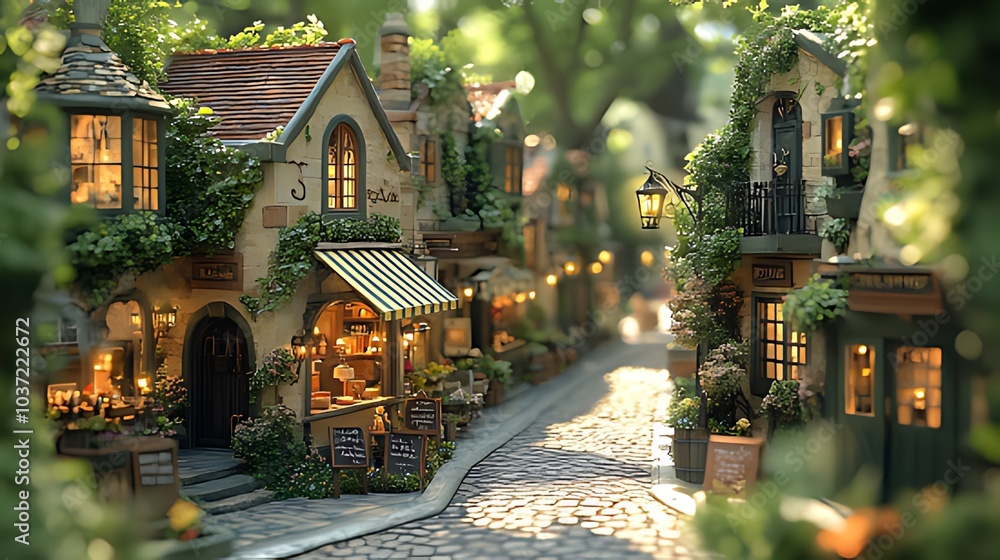 Fototapeta premium A quaint, charming, and idyllic miniature village with cobblestone streets, charming shops, and lush greenery.